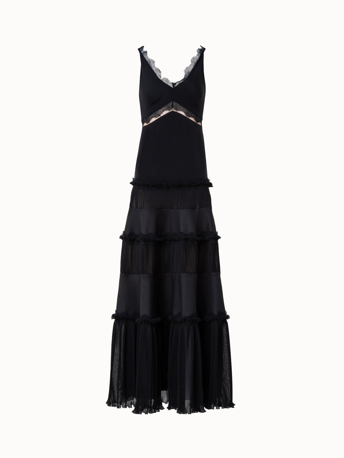 Long Silk Crêpe Dress with Lace Details - black
