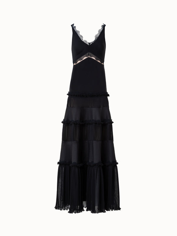 Long Silk Crêpe Dress with Lace Details - black