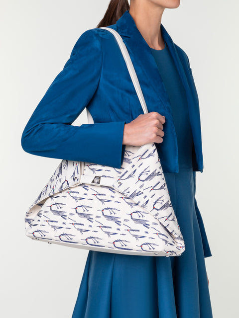 Medium Ai Shoulder Bag in Canvas with Kasuri Birds Embroidery