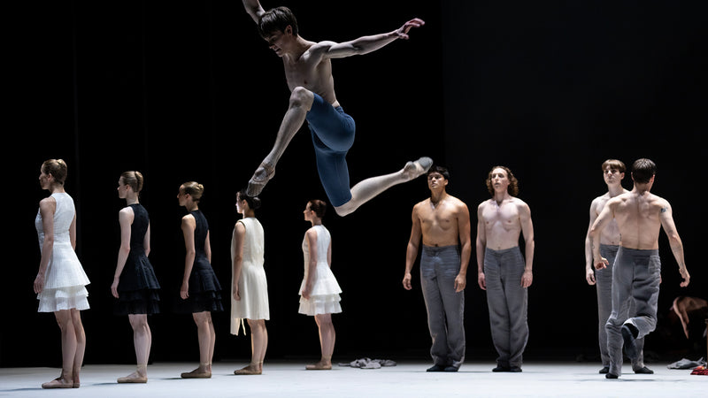 Ballerino of the Hamburg State Opera, floats in the air in an expressive pose, while other dancers stand in the background. All the dresses were designed by Akris.