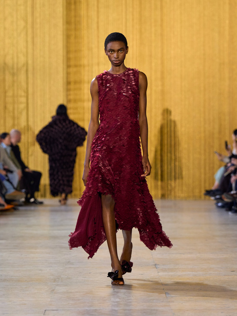 A tribute to Olga de Amaral in the Akris FW26 collection in Paris, defined by a dialogue between deep blacks, burgundy, and metallic gold accents
