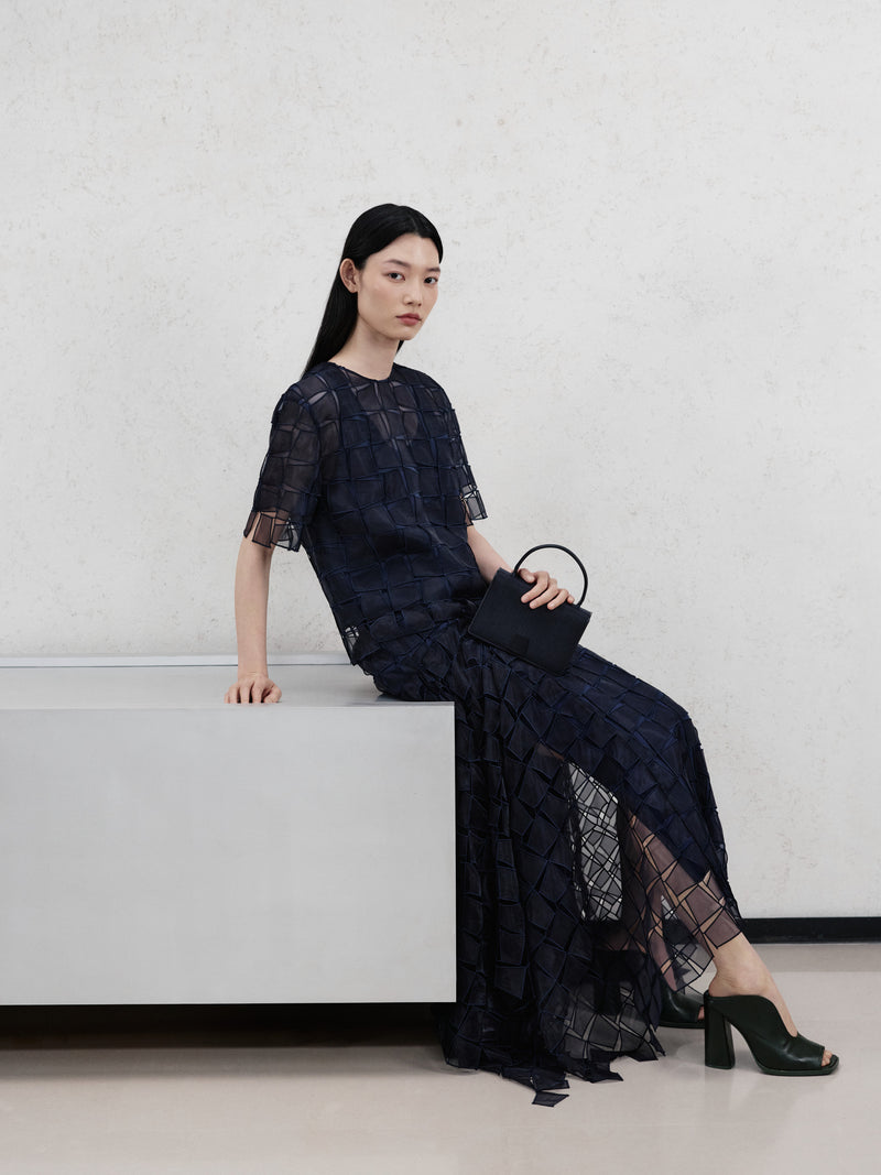 Discover the evening elegance of the Akris Pre-Fall collection, showcasing a stunning dark navy gown with an intricate, sheer grid pattern. Accessorized with a structured black luxury top-handle bag, this look defines modern refinement. Elevate your formal wardrobe with exquisite textures and signature Swiss design.