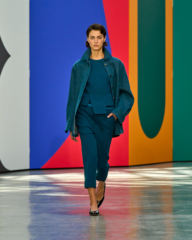 A look from Akris Spring/Summer 2026, blending art and fashion with Swiss luxury design, couture craftsmanship, and timeless elegance inspired by Leon Polk Smith