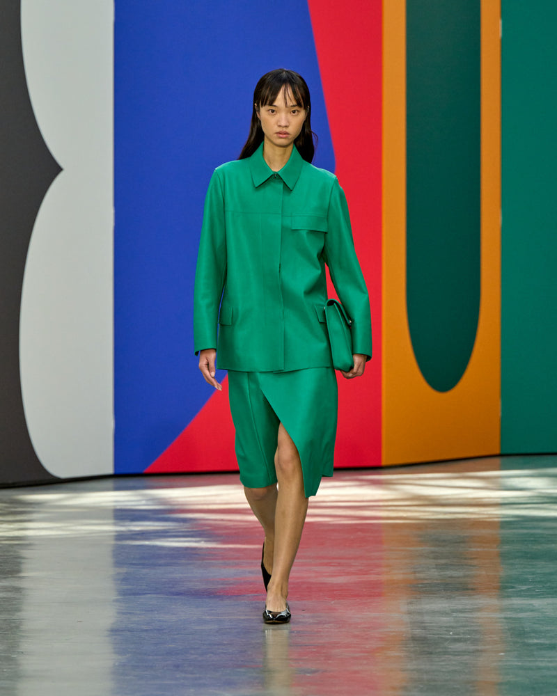 A look from Akris Spring/Summer 2026, blending art and fashion with Swiss luxury design, couture craftsmanship, and timeless elegance inspired by Leon Polk Smith