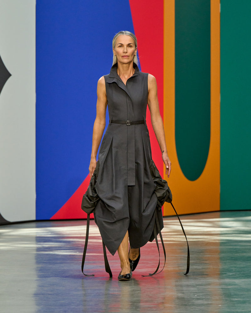 A look from Akris Spring/Summer 2026, blending art and fashion with Swiss luxury design, couture craftsmanship, and timeless elegance inspired by Leon Polk Smith