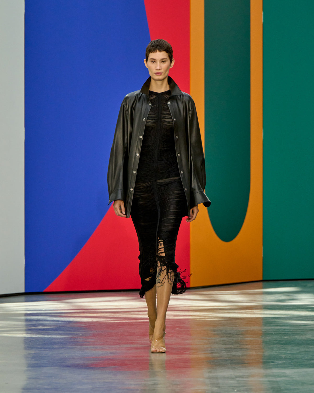 A look from Akris Spring/Summer 2026, blending art and fashion with Swiss luxury design, couture craftsmanship, and timeless elegance inspired by Leon Polk Smith