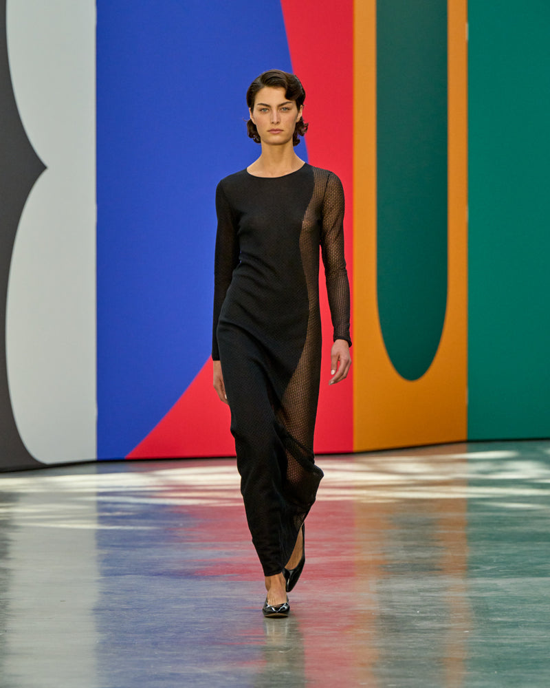 A look from Akris Spring/Summer 2026, blending art and fashion with Swiss luxury design, couture craftsmanship, and timeless elegance inspired by Leon Polk Smith