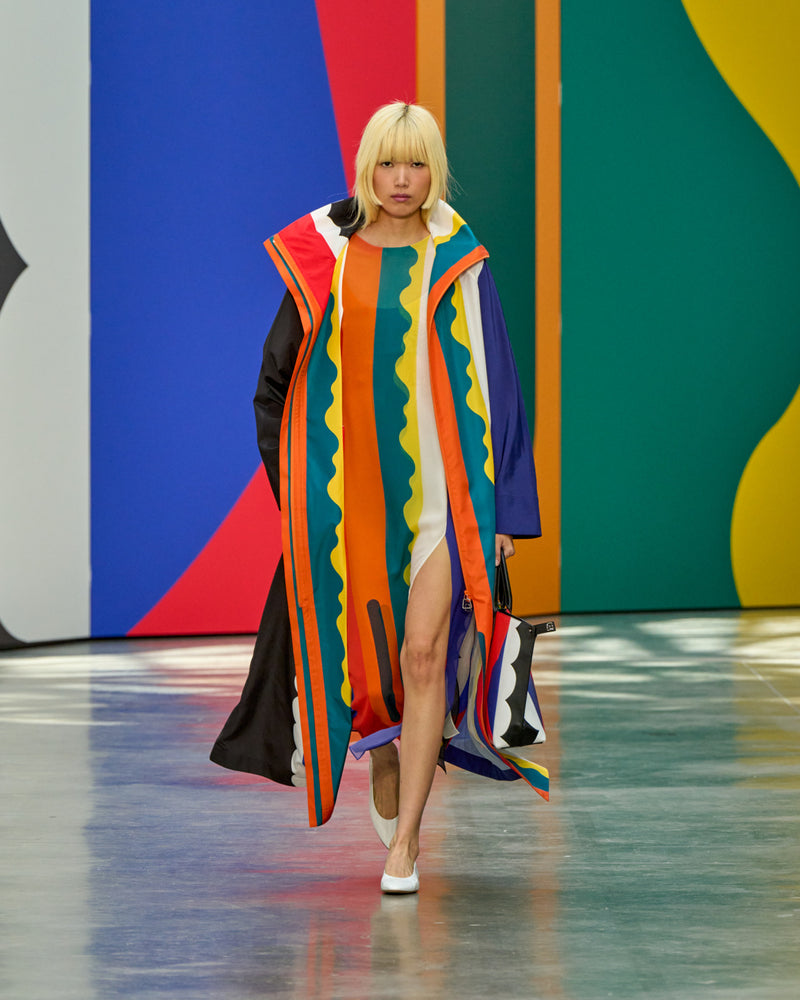 A look from Akris Spring/Summer 2026, blending art and fashion with Swiss luxury design, couture craftsmanship, and timeless elegance inspired by Leon Polk Smith