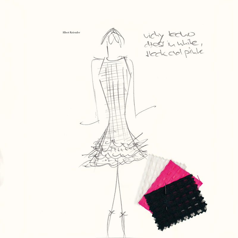 A simple design sketch of an Akris designer dress with fabric samples next to it.