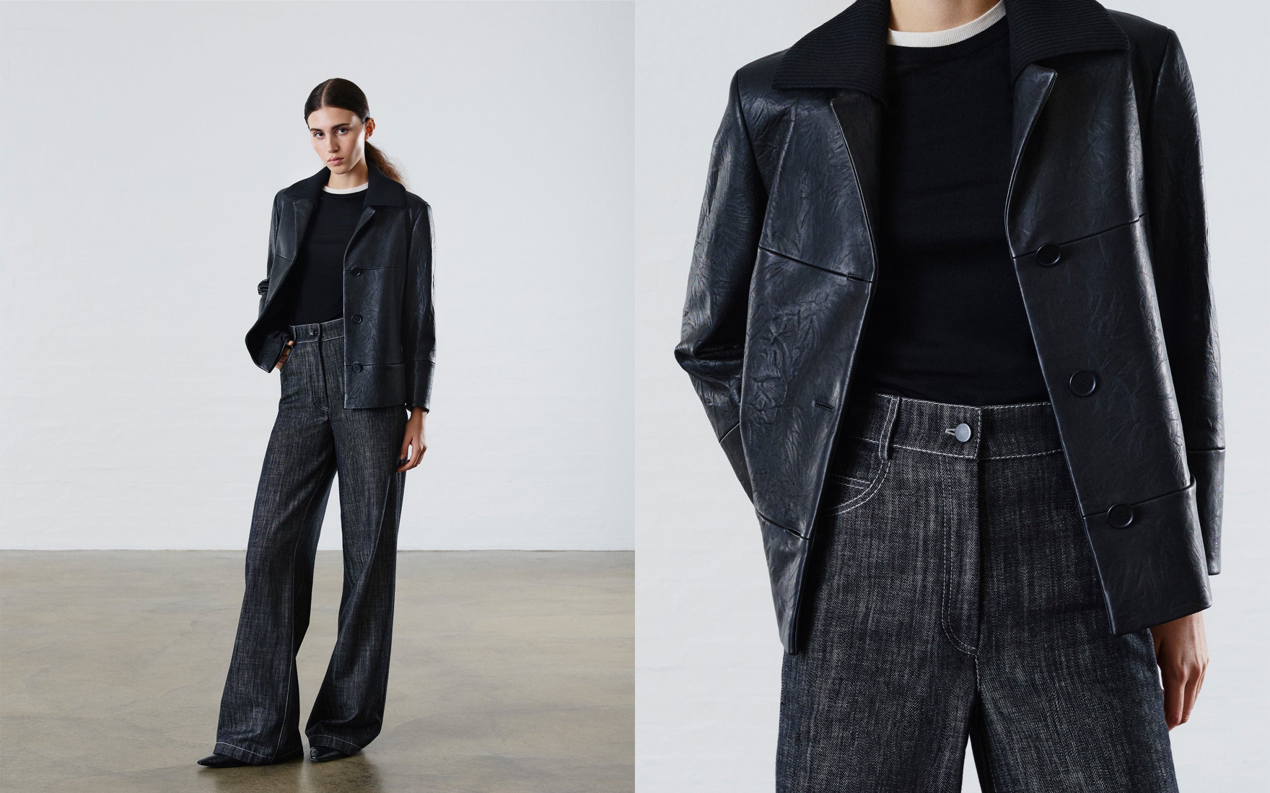 Luxury "Denim Vibes" campaign: Model posing in a premium black leather jacket with a knit collar, paired with high-waisted dark grey denim trousers.