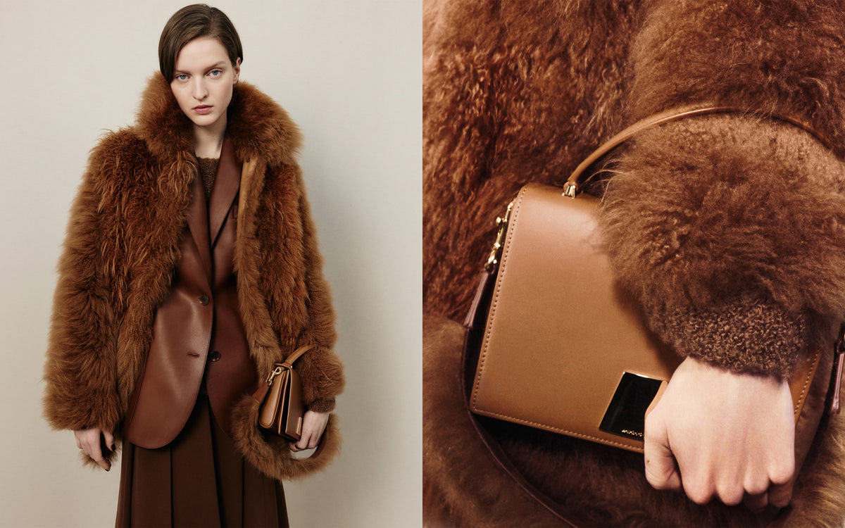 Akris Fall 2026 collection featuring a brown fur coat, leather layers and the Alice Top Handle Bag in warm autumnal tones.
