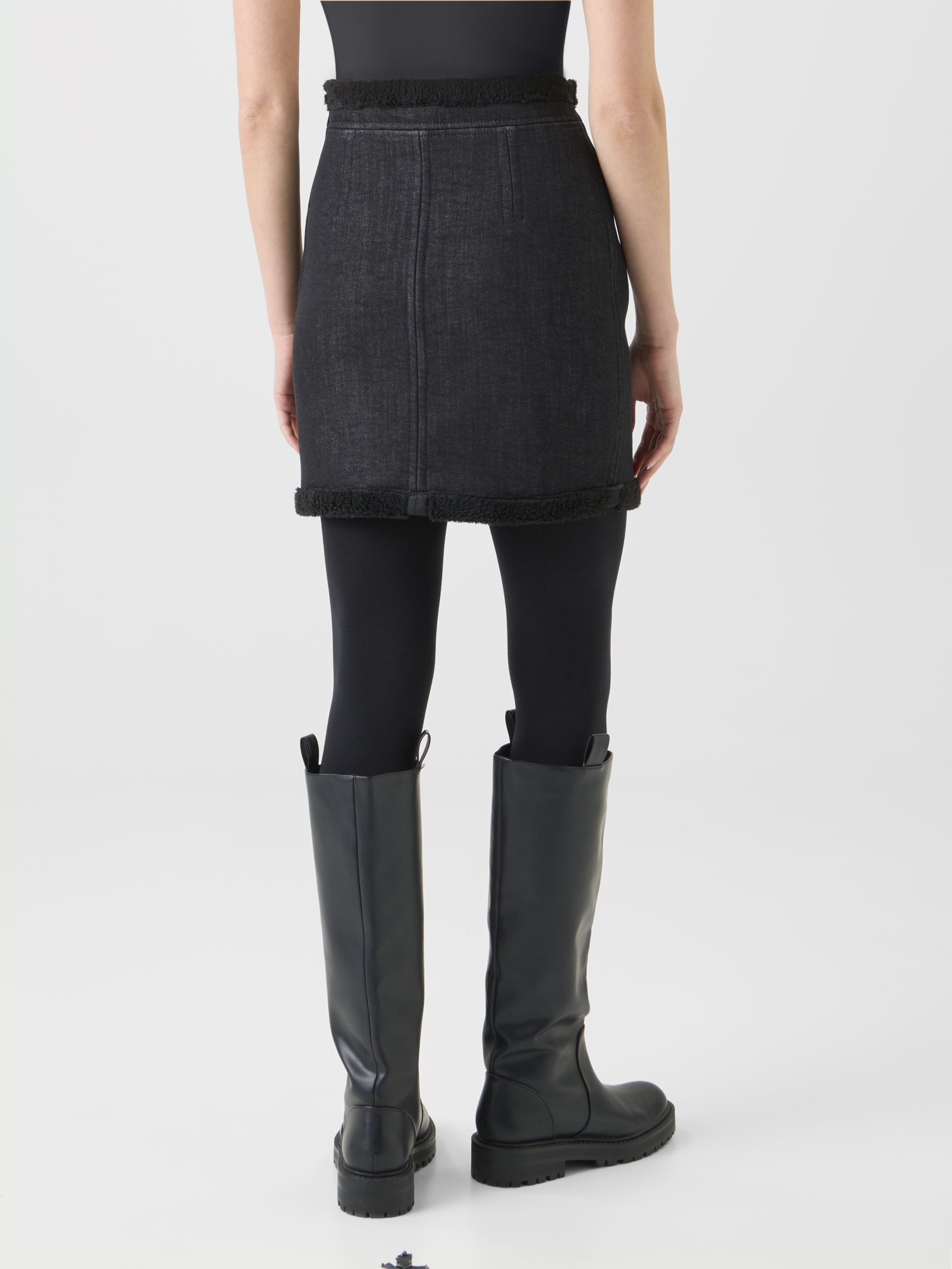 Designer Cotton Denim and Faux Shearling Mini Skirt - black - neutral 