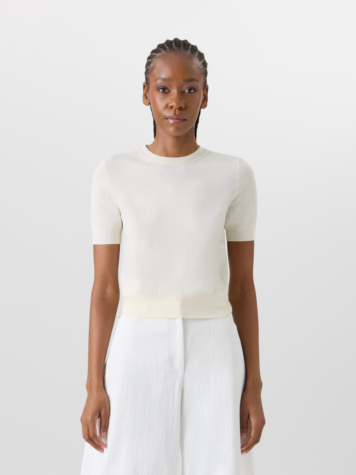 Designer Short-Sleeve Merino Wool Knit Sweater - ecru #editorial