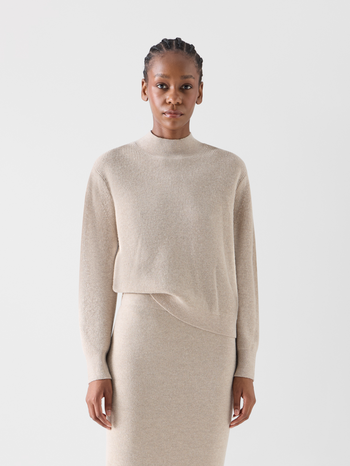 Designer Wool Cashmere Mock Neck Sweater - beige 