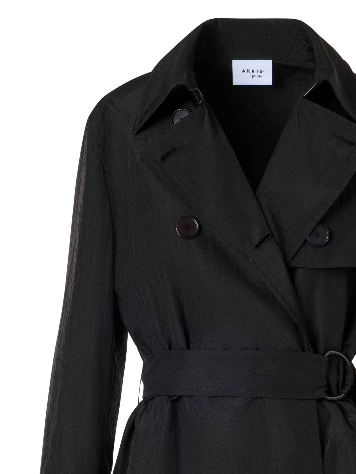 Designer Long-Sleeve Crinkled Parachute-Taffeta Long Trench Coat - black