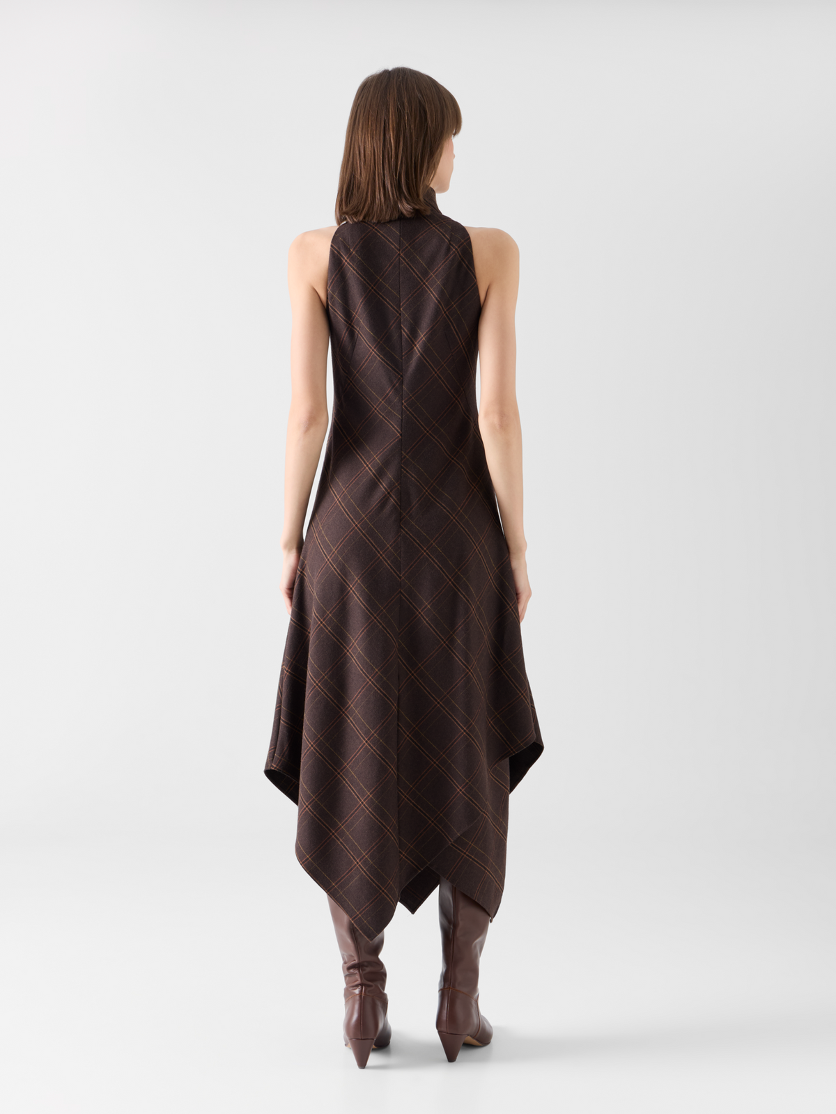 Designer Halter Midi Dress in Check Flannel - brown #editorial