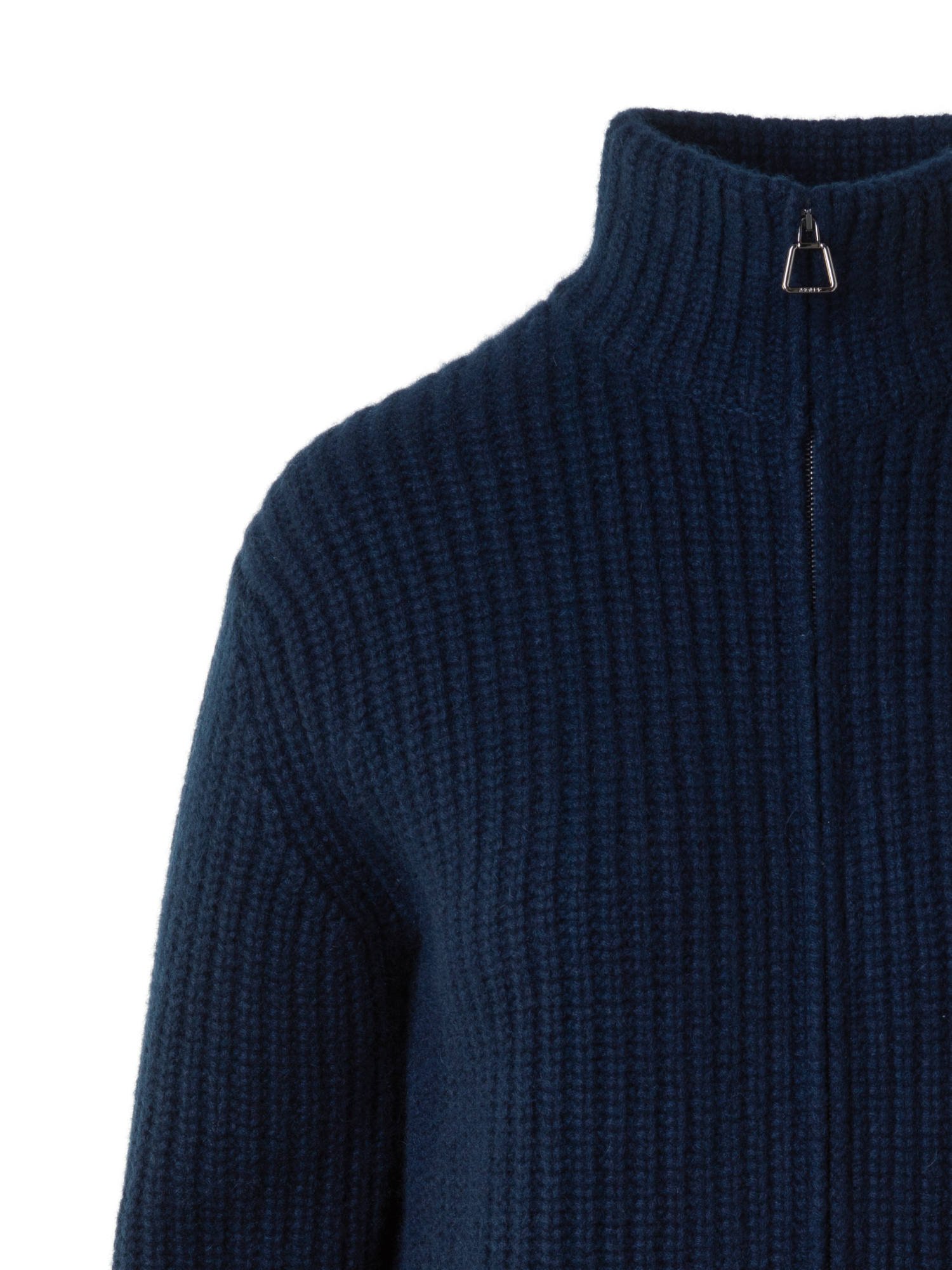 Designer Cashmere Mock Neck Chunky Knit Cardigan - neutral - navy - blue