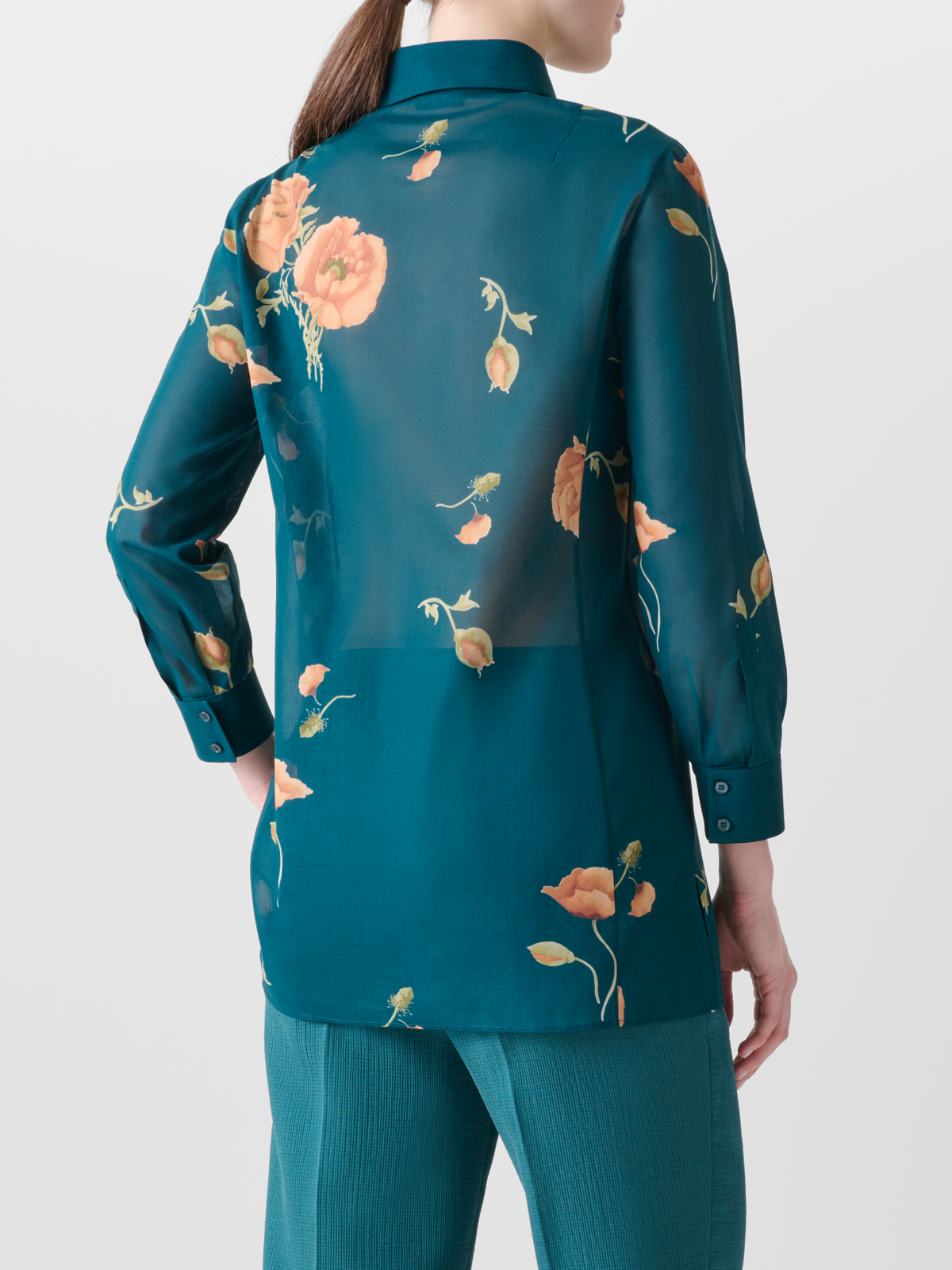 Designer Cotton Tunic Blouse with Anemone Print - green - multicolor