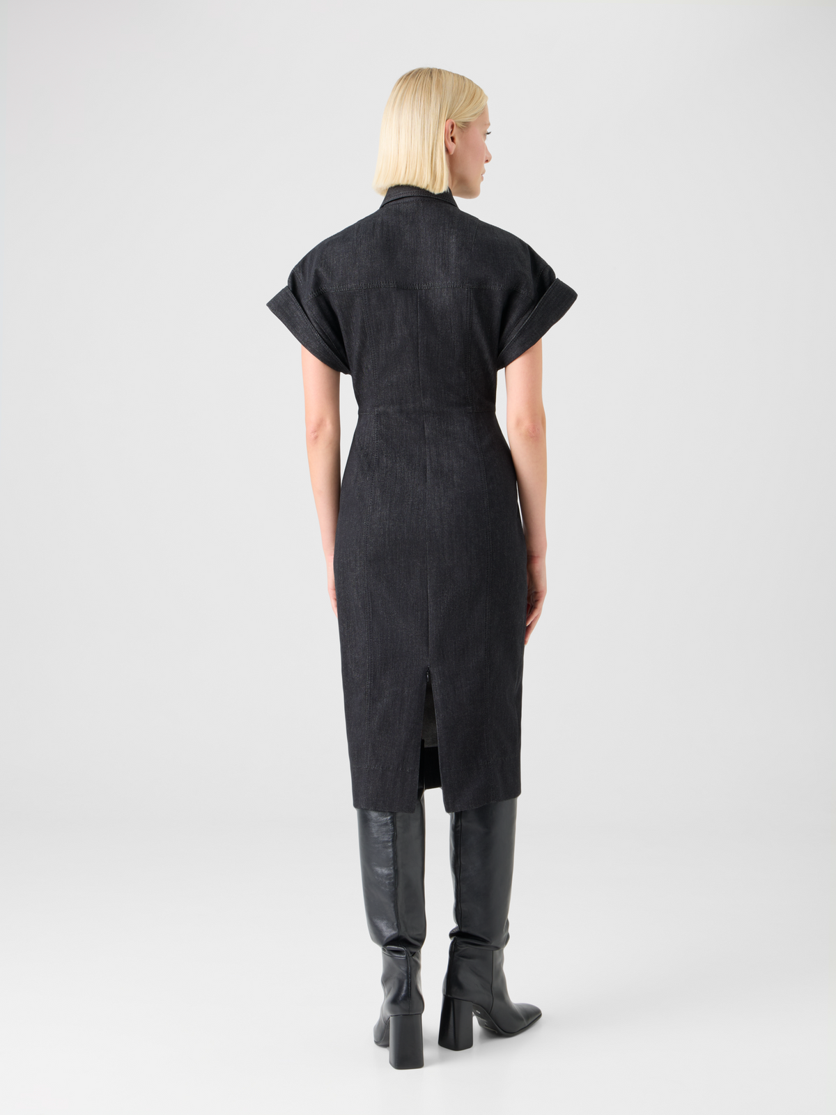black denim fitted dress Fitted Cotton Stretch Denim Dress Akris EU