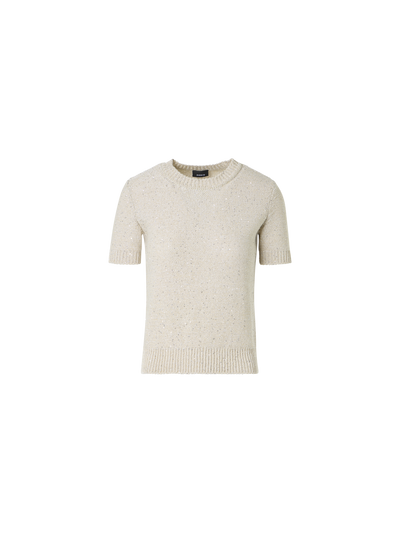 Designer Sequined Short Sleeve Linen Cotton Sweater - neutral - beige