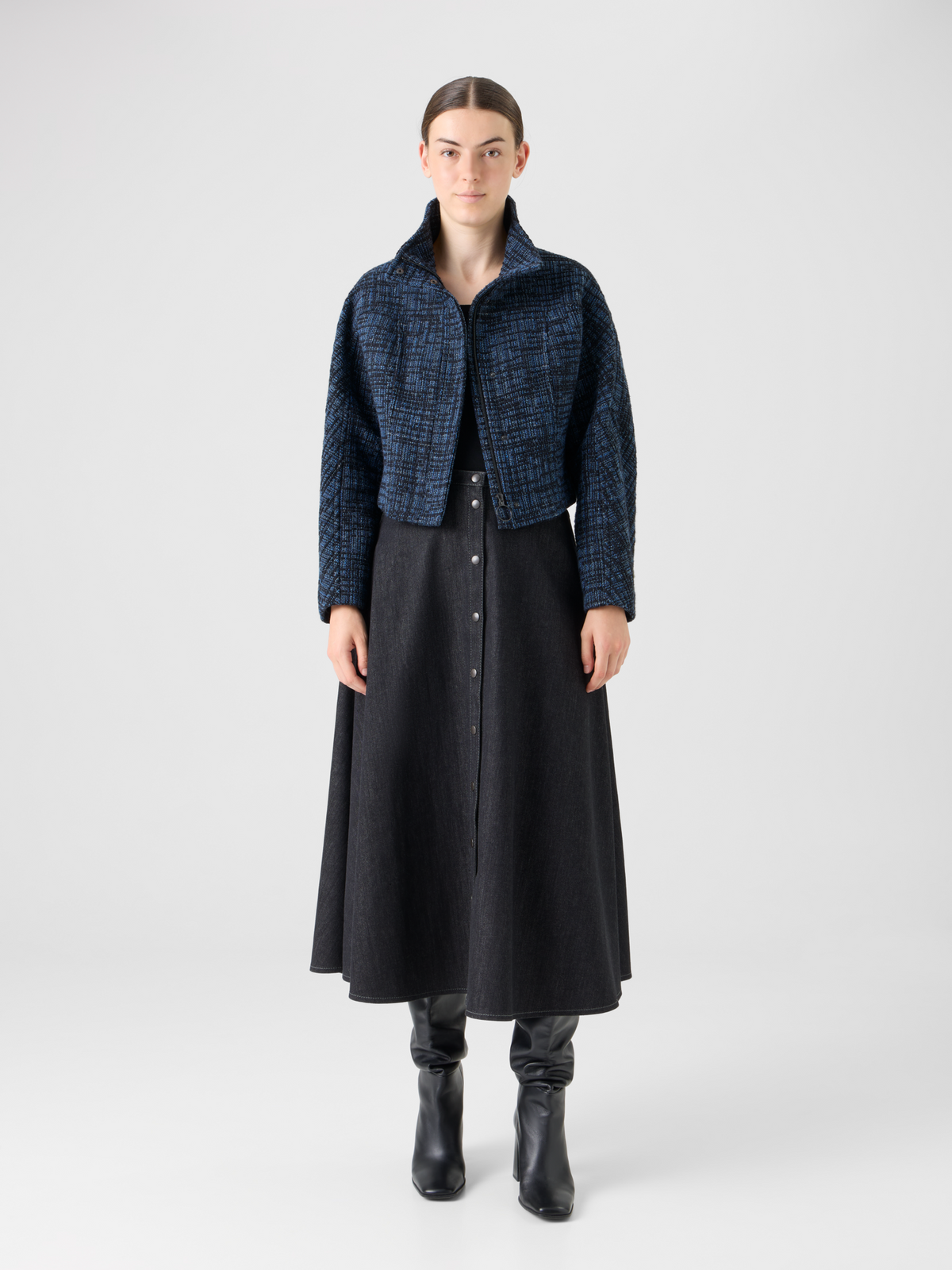 Designer Raw Denim Tweed Fitted Jacket - navy #editorial
