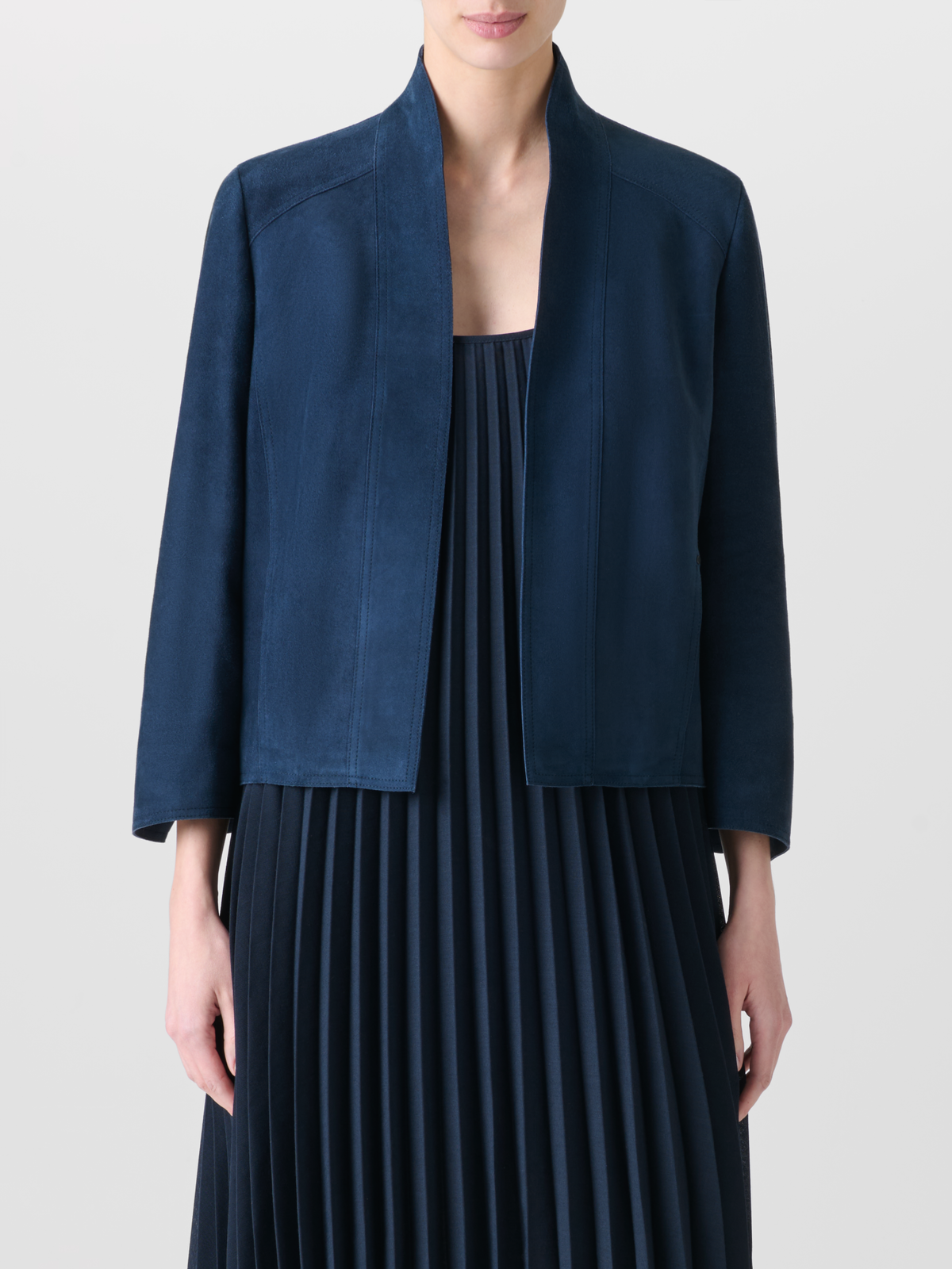 Designer Goat Suede V-Neck Short Jacket - neutral - navy - blue #editorial