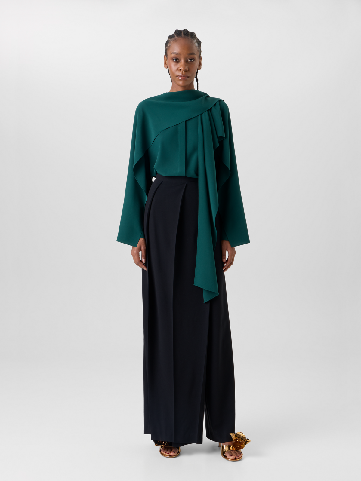Designer Silk Crêpe Blouse with Flared Panel Sleeves - green 