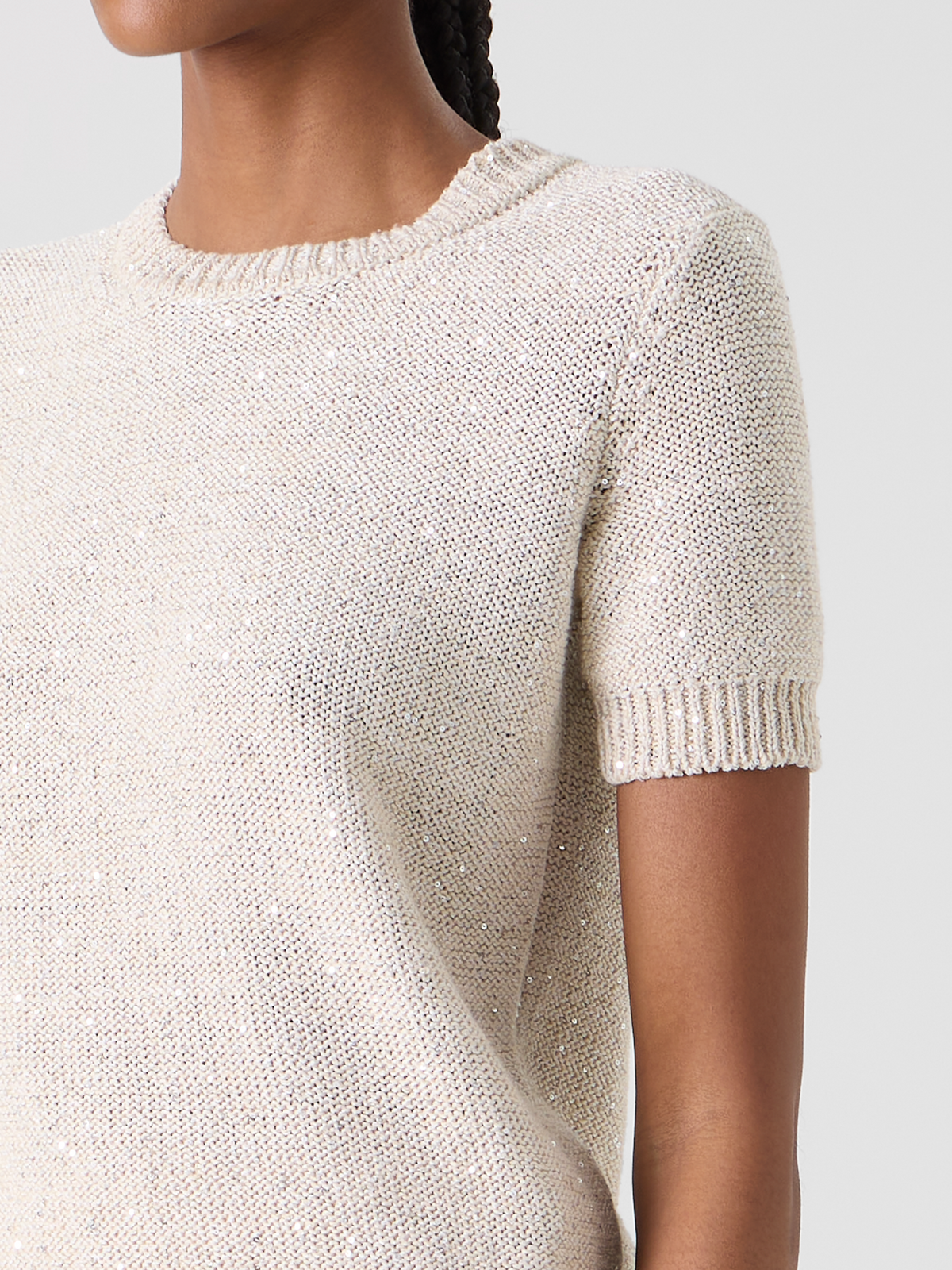 Designer Sequined Short Sleeve Linen Cotton Sweater - neutral - beige #editorial