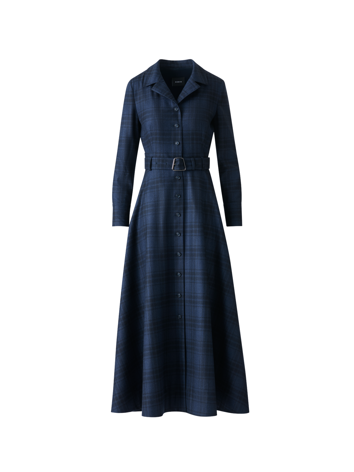 Designer Belted Wool Flannel Plaid Midi Shirt Dress - neutral - navy - blue
