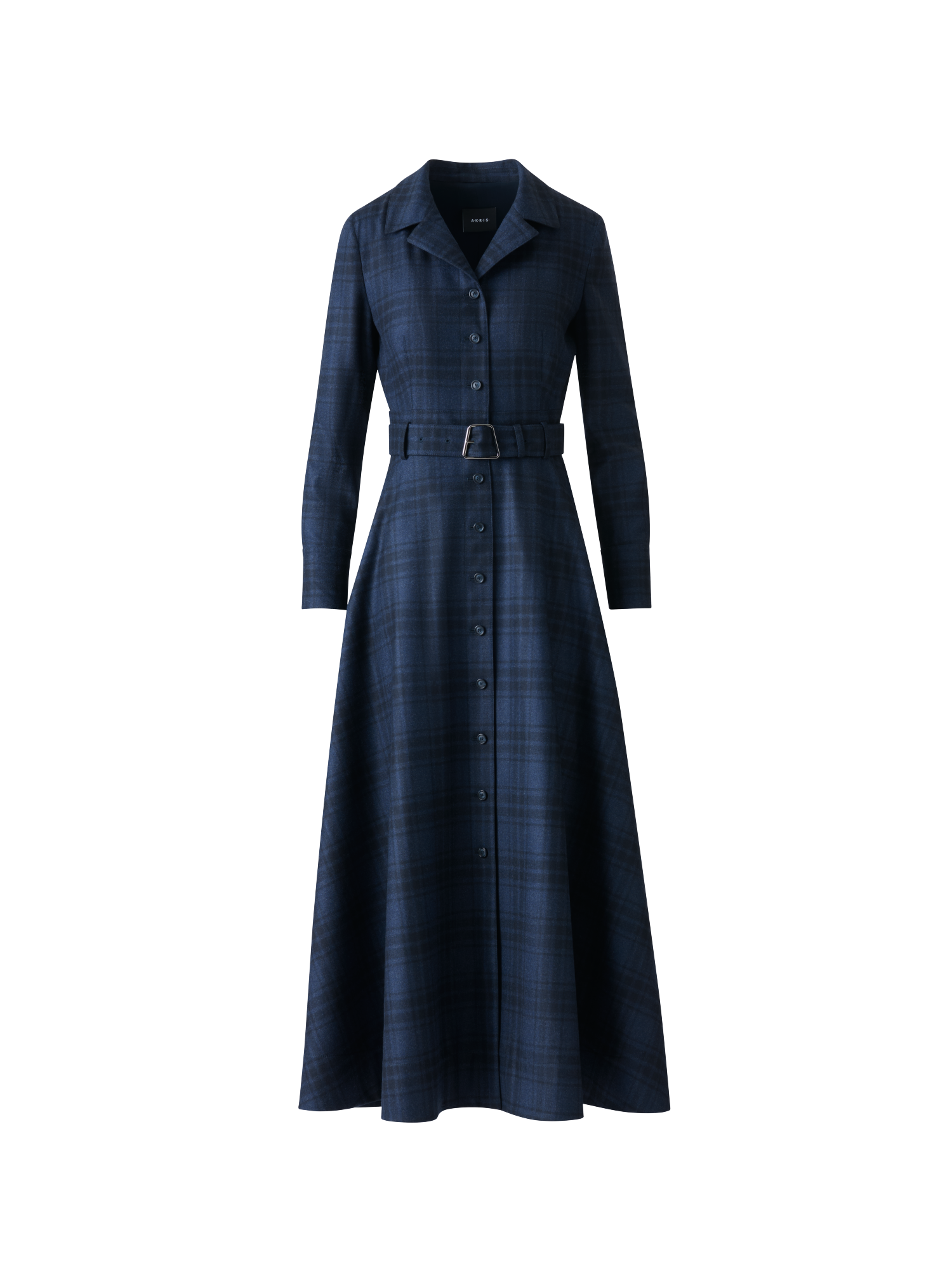 Designer Belted Wool Flannel Plaid Midi Shirt Dress - neutral - navy - blue