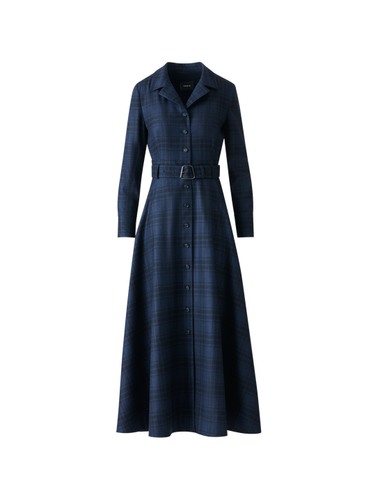 Designer Belted Wool Flannel Plaid Midi Shirt Dress - neutral - navy - blue