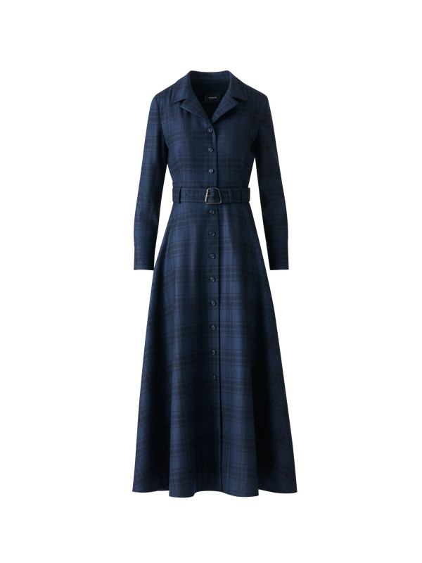 Designer Belted Wool Flannel Plaid Midi Shirt Dress - neutral - navy - blue