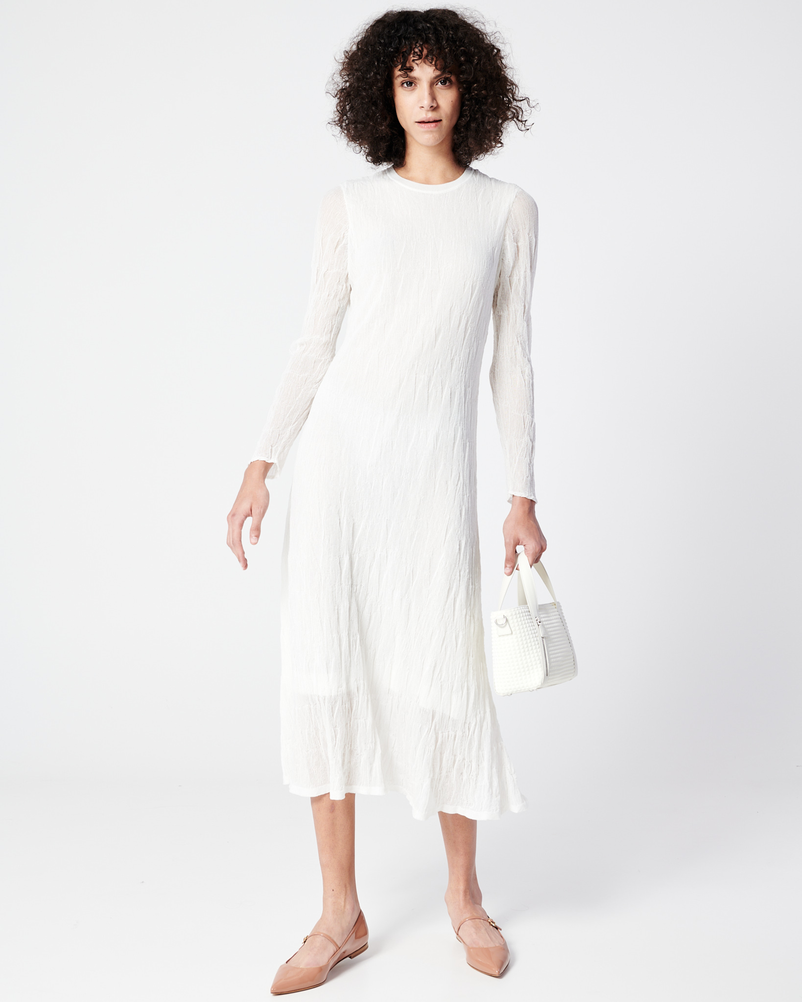 Designer Asagao Cotton Stretch Knit Midi Dress - ecru 