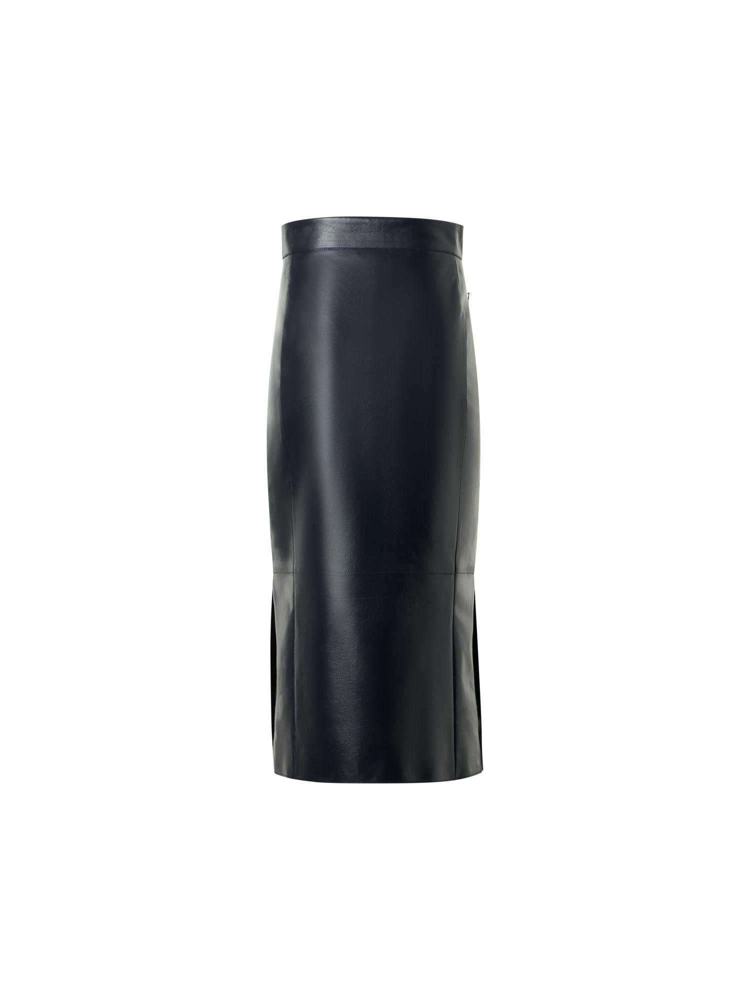 Designer Lacquered Nappa Leather Midi Pencil Skirt - navy