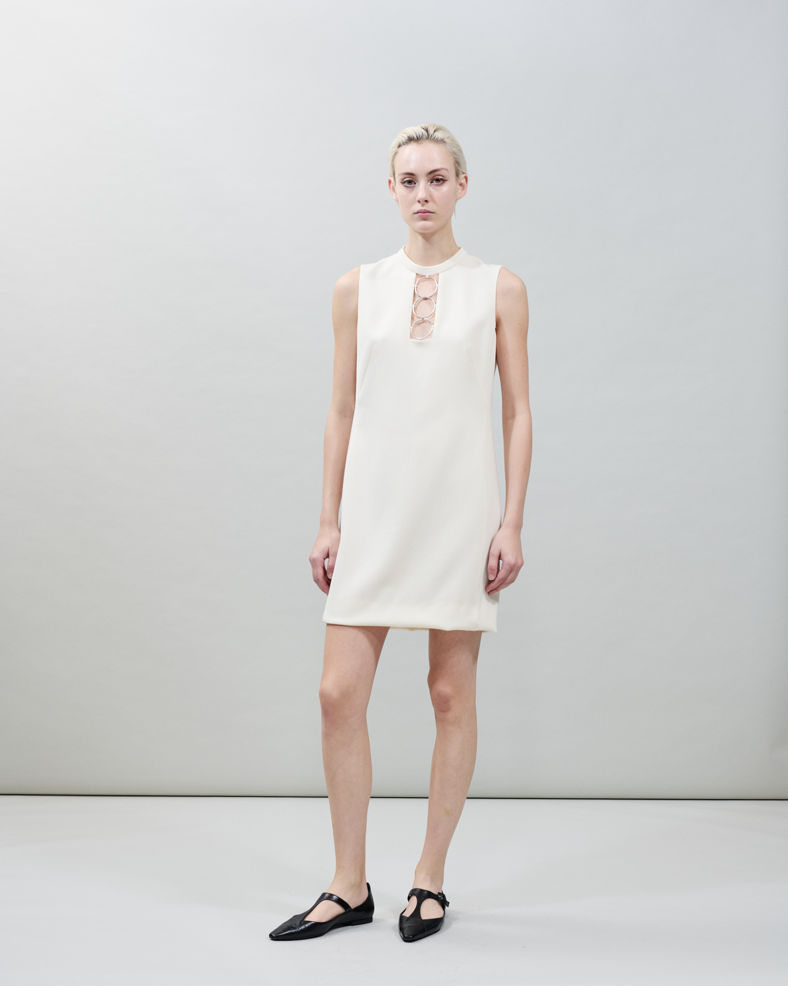 Designer Short Shift Dress with Metal Rings - neutral - ecru - white 
