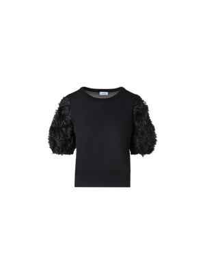 Designer Merino Knit Shirt with 3D Carnation Embroidery - black