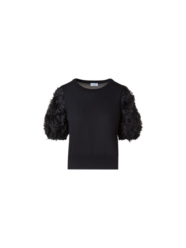 Designer Merino Knit Shirt with 3D Carnation Embroidery - black
