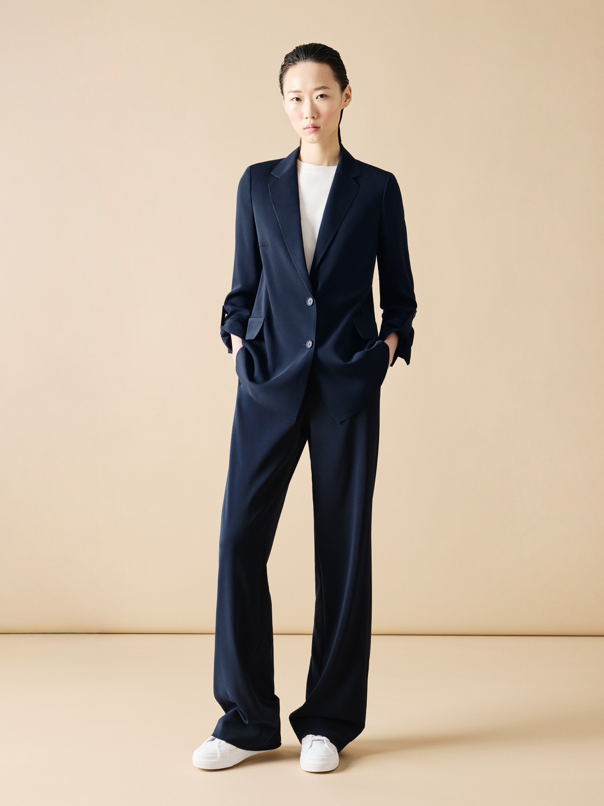 Designer Straight Laser Cut Pants with Elastic Waist - navy - blue #editorial