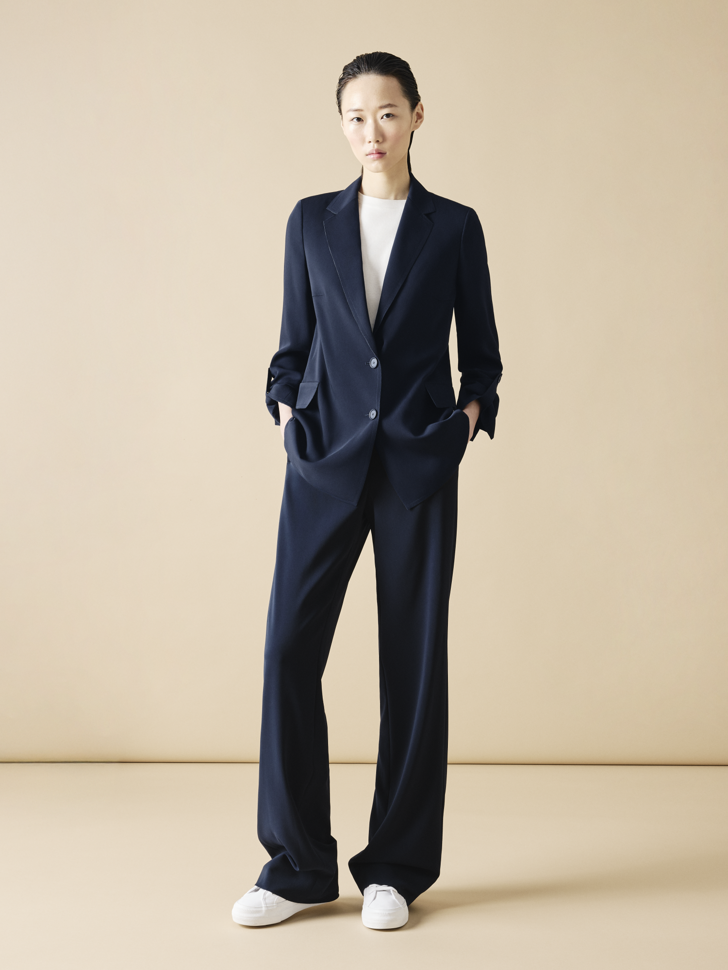 Designer Straight Laser Cut Pants with Elastic Waist - navy - blue 