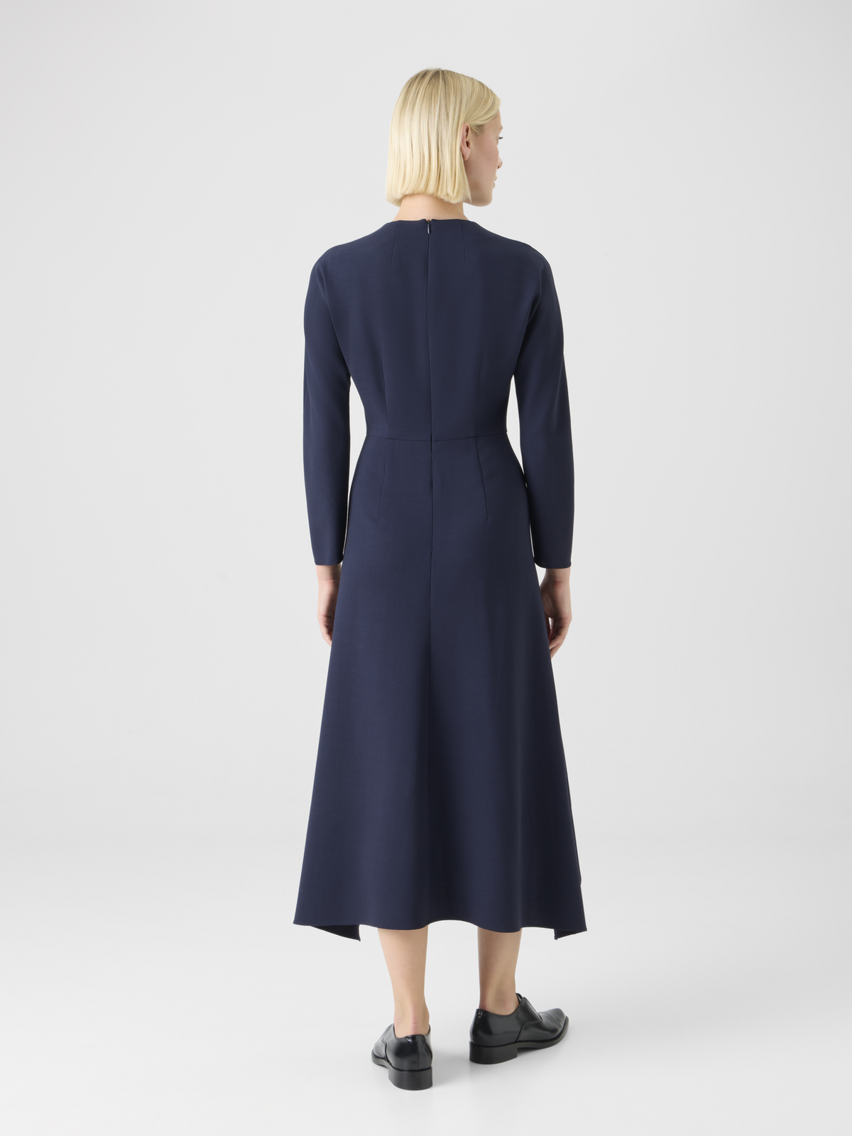 Designer Asymmetrical Cool Wool Midi Dress - navy - blue #editorial