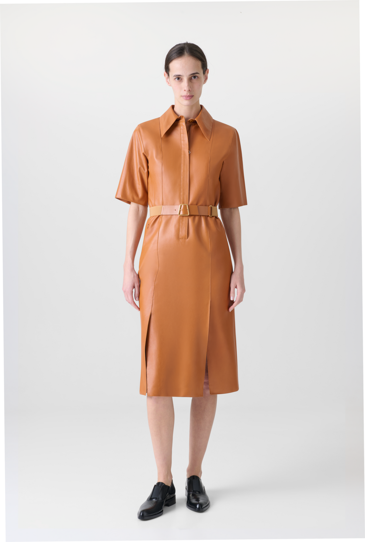 Designer Short Sleeve Shirt Dress in Leather - neutral - brown #editorial