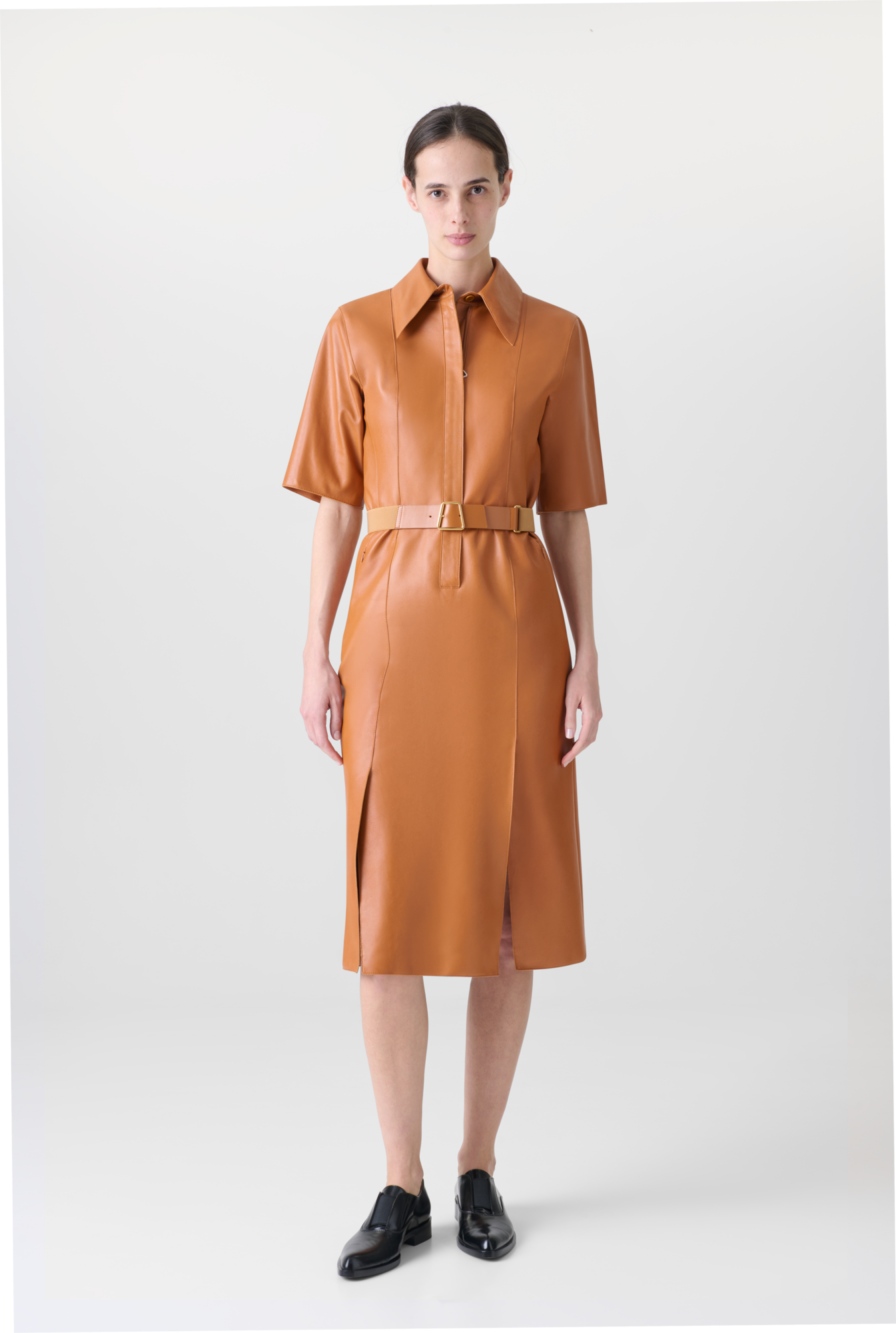 Designer Short Sleeve Shirt Dress in Leather - neutral - brown 