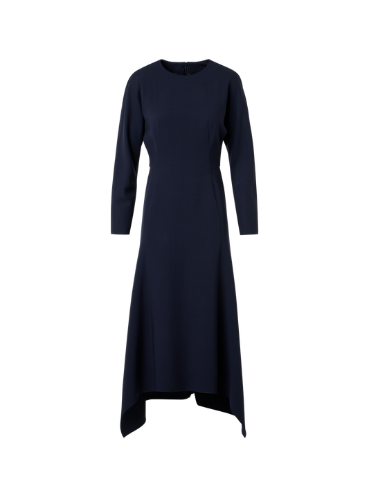 Designer Asymmetrical Cool Wool Midi Dress - navy - blue