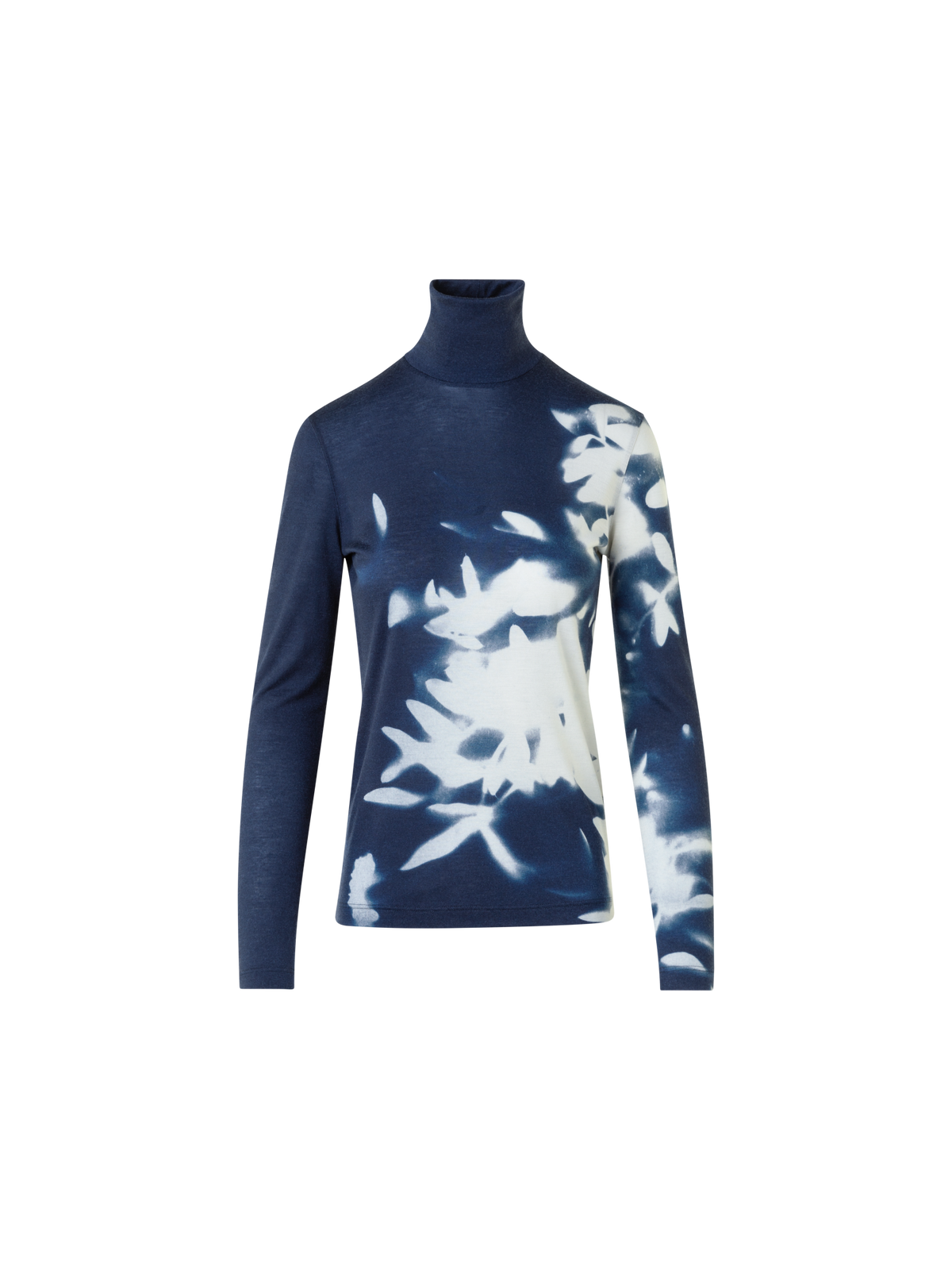 Designer Cashmere Silk Mock Neck Wildflower Print Top - neutral - navy - blue - multicolor