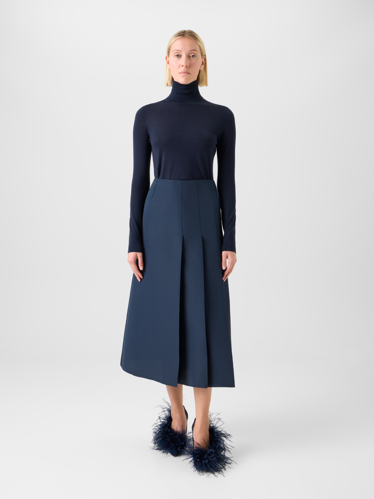 Designer Half-Pleated Ottoman Silk Midi Skirt - neutral - navy - blue #editorial