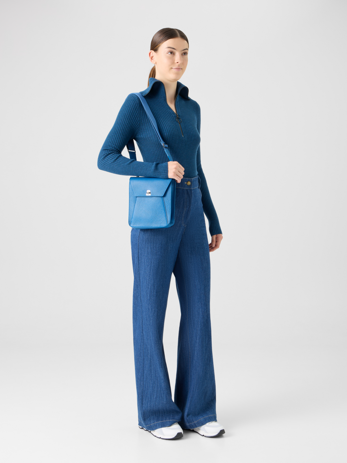 Designer Wide Cotton Denim Stretch Pants - navy - blue #editorial