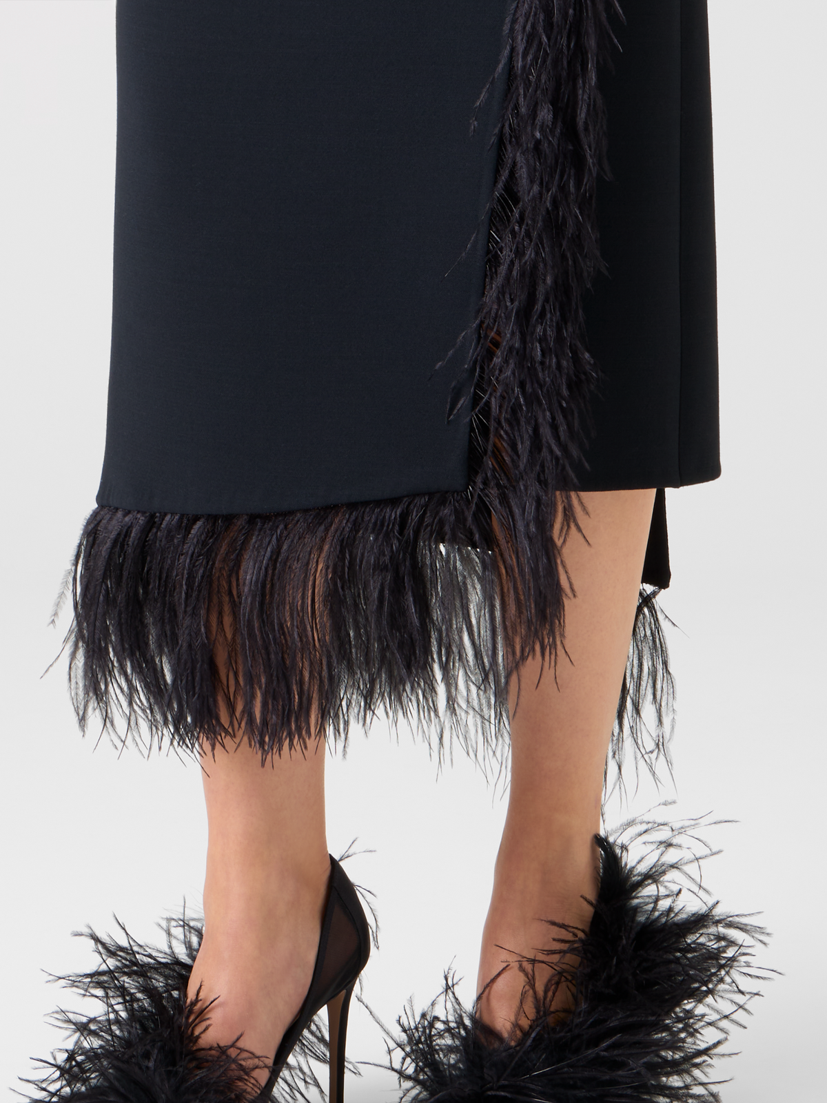 Designer Asymmetrical Wool Midi Skirt with Feather Trim - black - neutral #editorial