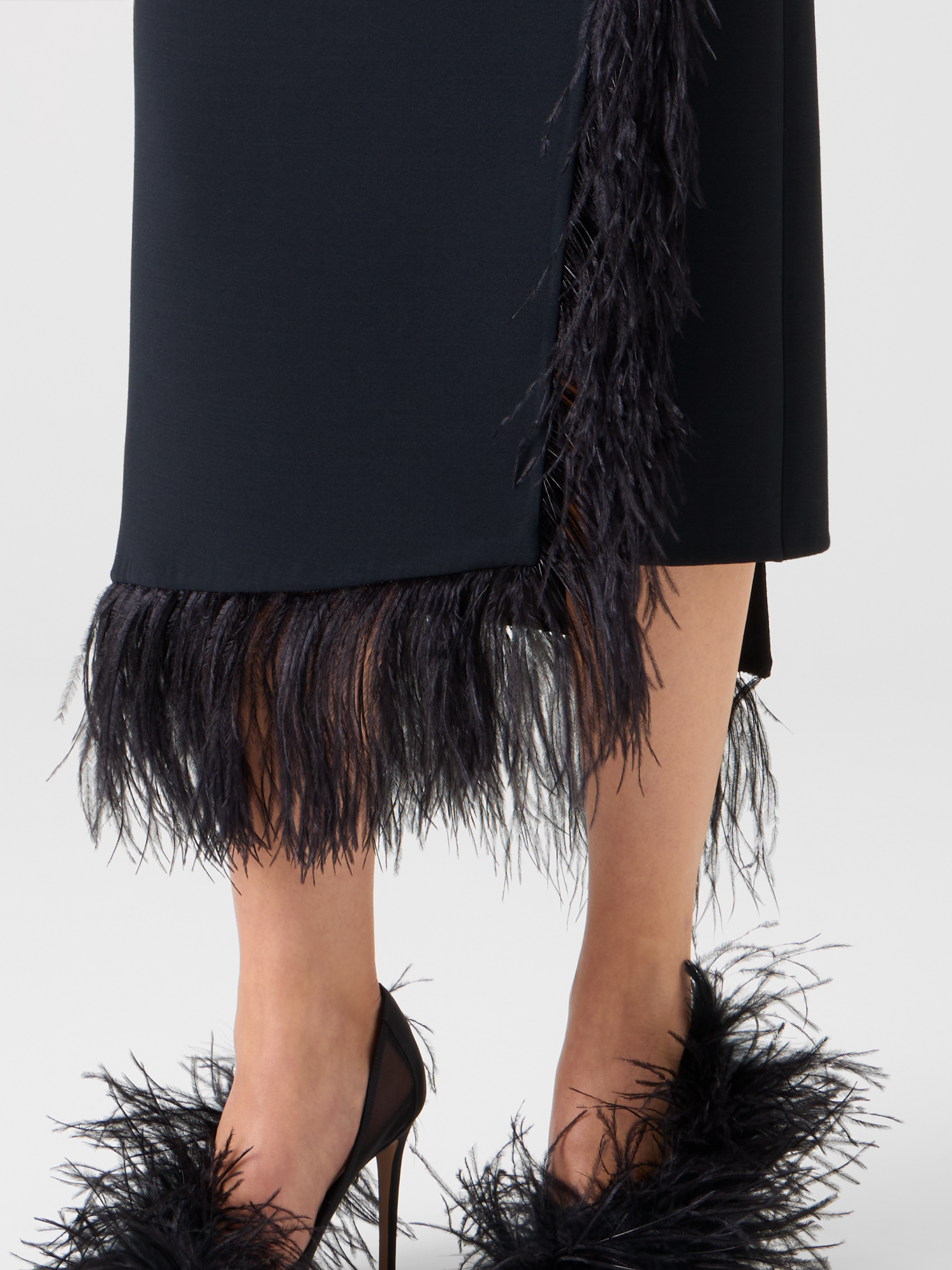 Designer Asymmetrical Wool Midi Skirt with Feather Trim - black - neutral 