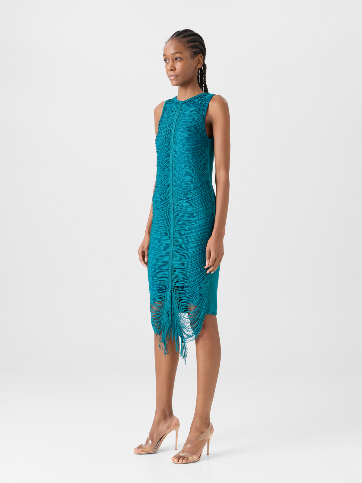 Designer Sleeveless Fringe Drape Knit Sheath Dress in Silk - green #editorial