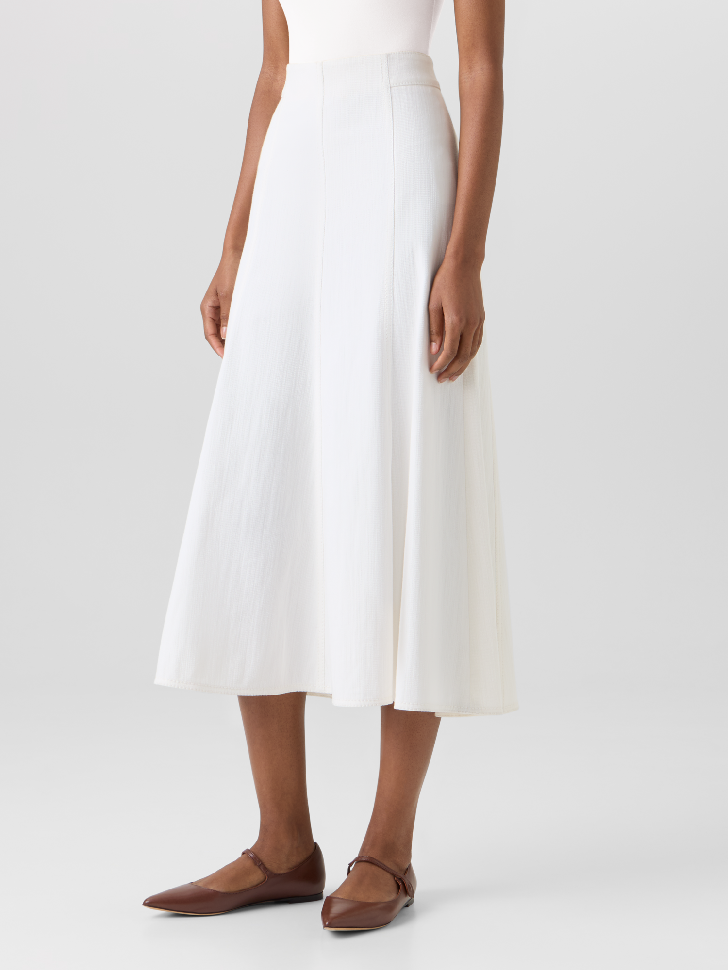 Designer Flared Cotton-Stretch Denim Midi Skirt - white 